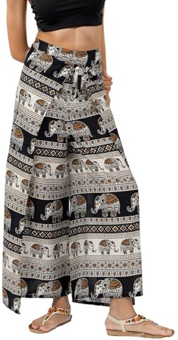 YOUR COZY Women’s Boho Palazzo Pants Wide Leg for Yoga Festival Travel Lightweight Adjustable Waist Hippie Trousers (Black & White)