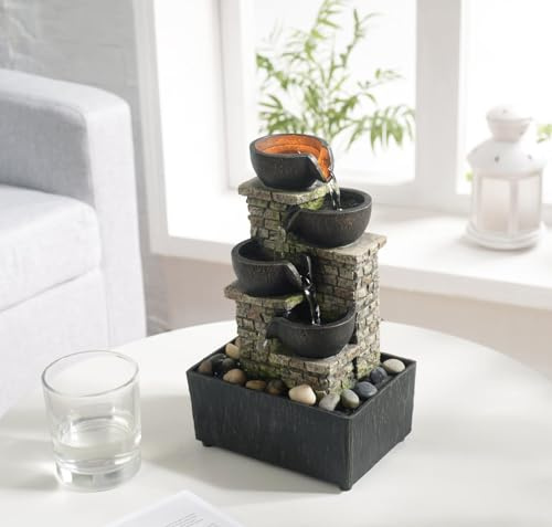 Fuente de cuenco en cascada de 9.3 pulgadas de 4 niveles para interiores, fuente de agua de relajación, fuente de meditación, fuente de mesa, fuentes artísticas de escritorio con LED/rocas para