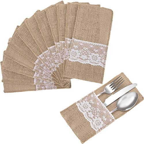 MoonSing Jute Bestecktaschen, 30 Stück Besteckbeutel Besteckhalter mit Spitze, Messer Gabeln Utensilienhalter aus Natur Sackleinen für Vintage Hochzeit Party Geburtstag Brautdusche Tischdeko