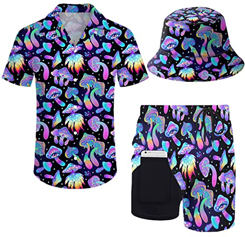 ZePinger Conjunto de camisa y pantalones cortos de pato amarillo para hombre, camisa con botones, pantalones cortos de 2 piezas con sombrero de pesca, Setas mágicas psicodélicas coloridas, X-Large