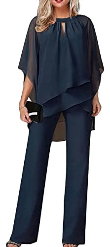 Shownicer Damen Tüll Abendanzug Set - Zweiteiler Chiffon Shirt Und Hohe Taille Hosenanzug Elegant Vintage 2-Teiliges Outfit für Cocktail Party Festlich A Blau XXL