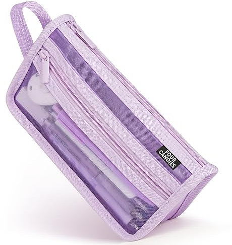 Four Candies Federmäppchen Transparent Federtaschen Farbig Mäppchen Etui Stifte, Groß Etui Schule Zippered Desk Organizer Schlamppermäppche Damen Tasche Halter Schreibwaren, Lila