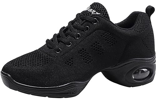 Zapatos de jazz para mujer, modernos, con suela dividida, zapatillas de danza, transpirables, ligeras, de malla, con cordones, Negro 007, 39 EU
