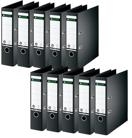 Leitz Qualitäts-Ordner 180°, 10er Pack, A4, 8 cm Rückenbreite, Spezialpapierkaschierung in Leinenprägung, Blauer Engel, Schwarz, 10070095