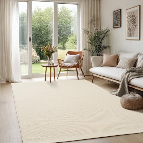 the carpet Deluxe Wool Handgewebter Wollteppich im natürlichen skandinavischen Boho-Look, Handarbeit für einen einzigartigen Stil, Creme, 120 x 170 cm