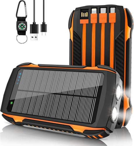 Chargeur solaire 56800 mAh 65 W avec 4 câbles intégrés, entrée et sortie USB-C, charge rapide, double lampe de poche lumineuse pour camping en plein air, pour iPhone/tablette