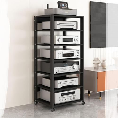 ZIUSFAC Mobile Media Stand Meuble Chaine HiFi Support De Médias Audio-vidéo Centre De Divertissement Étagères Réglable Stéréo Console TV 50×40×131cm(7 Tier)