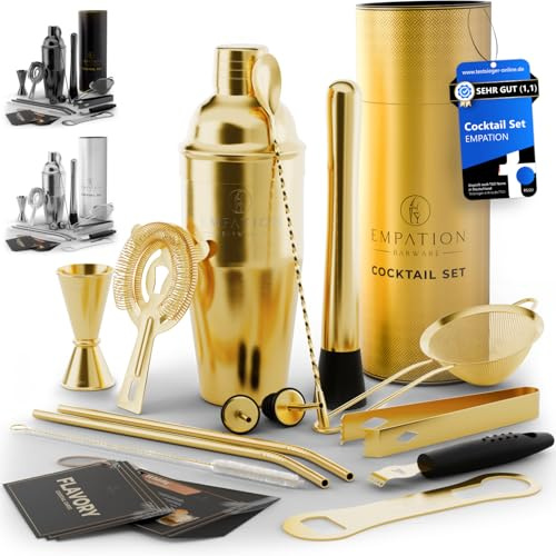 EMPATION Cocktail Shaker guld, 14-delat cocktailset med 825 ml Boston Shaker, cocktailtillbehör inkl. Receptkort, cocktailtillverkning kit för nybörjare och proffs, cocktail shaker set