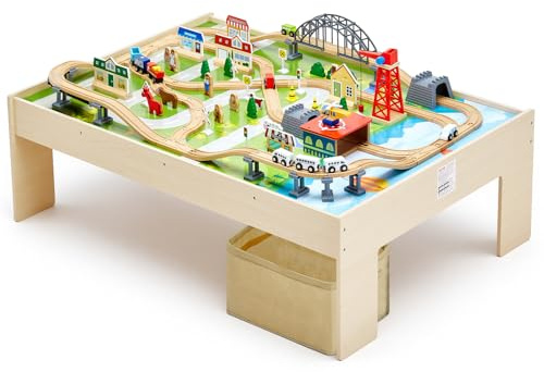 VEVOR Tavolo Ferroviario con Treni Binari Giocattolo, 120 Pezzi Multicolore in Legno, Set di Trenini in Legno con Contenitore Pieghevole per Giocare, Disegnare, Set Giocattoli Creativi per Bambini