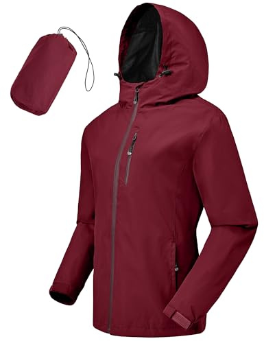 Tyhengta Women Waterproof Jackets Lightweight Windproof Packable Rain Jacket Raincoat Outdoor Softshell Jacket with Zip Pockets Jujube Red,L