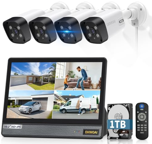 Monitor 4K Ultra HD y todo en uno: sistema de cámara de seguridad para exteriores con cable, cámaras POE para seguridad del hogar, sistemas de videovigilancia NVR con detección de movimiento