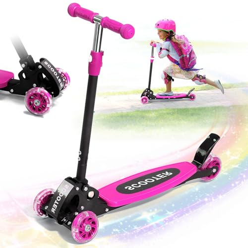 Kick Scooter for Kids 3-7 Ages - Light Up 3 Wheel Scooters,Lean-to-Steer,Three Adjustable Height Scooter for Kids, Wide Dual Rear Wheels,Safe Stable Ride for 3-5,5-7 Year Old Girl Boy Kid - Pink