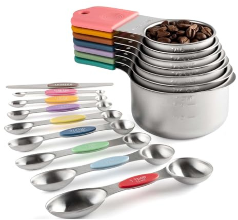 Aboiled 16Pc Magnetic Stainless Steel Measuring Cups&Spoons Set, 7 Heavy Duty Cups,8 Double Sided Spoons with Leveler Multicolor