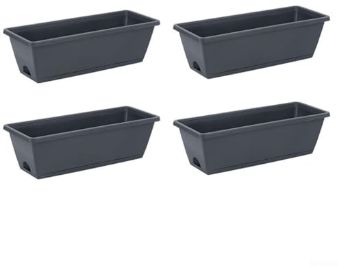 Pumixiy Confezione da 4 fioriere rettangolari in plastica da 42 cm, con fori di drenaggio, con vassoio per l'acqua, per interni ed esterni, balcone (grigio scuro)