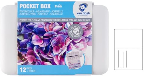 Set d'aquarelles, boîte de poche en plastique,12 Demi-Godets + 5 cartes postales aquarelles