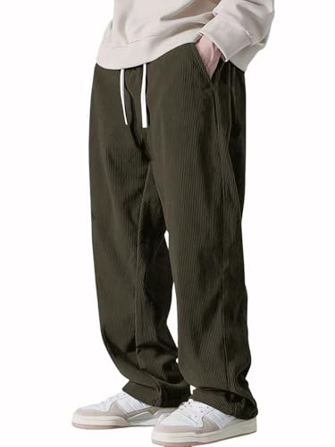 Pinkmint ribbade polyester/lycra-byxor, avslappnad passform, stretchig och bekväm, flexibel elastisk linning med dragsko undertill för män, nitbyxor, fritidsbyxor, Olive1, XL