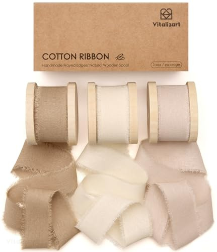 Vitalizart 1'' x 15 Yd Cotton Ribbon Brown & Ivory & Nude Frayed Fringe | 3 Rolls x 5 Yd Cotton Ribbons for Wrapping Wedding Invites, Bridal Bouquets, Gifts & Crafts & Home Decoration