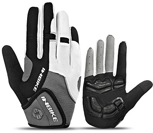 INBIKE Men's Cycling Gloves, Full Finger Gel Padded Mountain Bike Grey Large