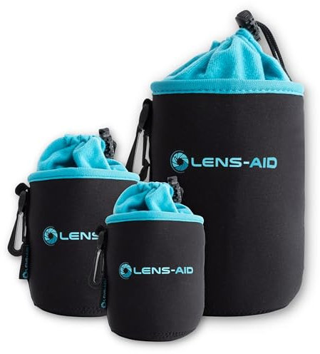 LENS-AID Neopren Objektivbeutel mit Fleece-Fütterung als Set oder einzeln Objektivtasche BZW. Köcher als Schutz für Objektiv, Blitz, Monitor, Kamera-Zubehör - 3er Set (XS,S,M)