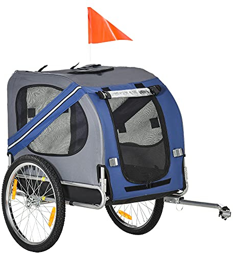 Aosom Dog Bike Trailer, Pet Wagon Bicycle Trailer with Easy Folding Cart Frame, 20 Large Rubber Wheels, 3 Entrances, Mesh Screen, Pet Bike Trailer for Off-Road & Travel, Blue and Grey