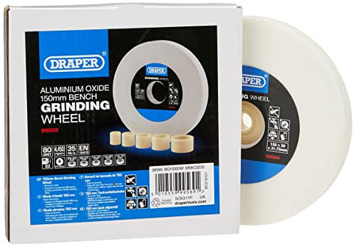 Draper Meule d'établi en oxyde d'aluminium 150 x 20 mm | Aiguiseur d'outils HSS grain 80 | 5 anneaux de réduction | Coupe à sec | Alésage de 31,75 mm | 99569