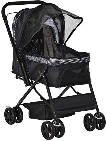 PawHut Passeggino per Cani Piccoli 10 kg Pieghevole con Maniglione Girevole Ruote con Freni in EVA, Passeggino Cane con Cestino Portaoggetti, 76.5x52x95cm, Nero