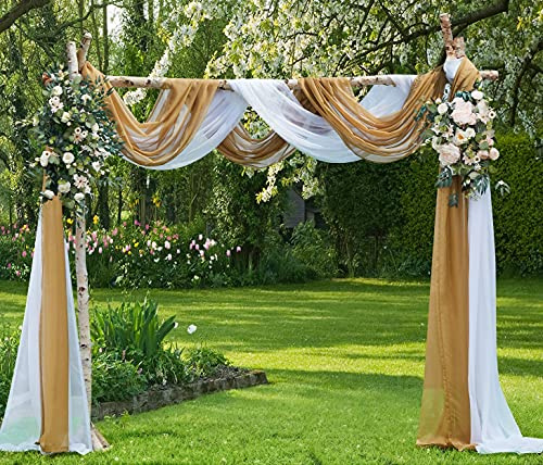 WARM HOME DESIGNS Wedding Arch Draping Fabric Bundle Includes 2 288 Inch (24 Feet or 8 Yards) Sheer Scarves in White and Gold Colors For Wedding Ceremony, Reception, Photo Backdrop or Party Decoration