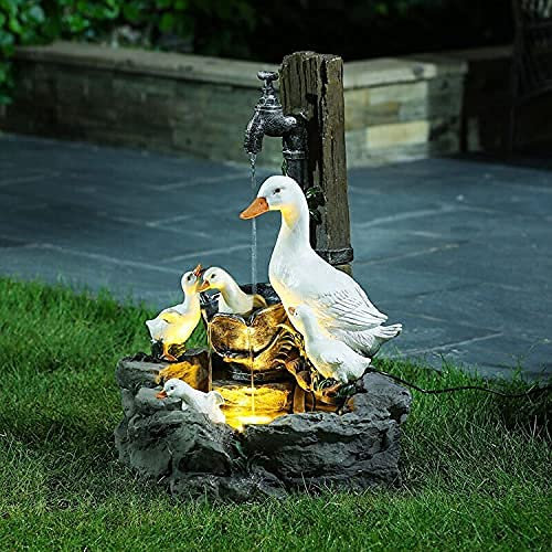 Statue de jardin en forme d'animal avec lampes solaires de jardin, fontaine à eau écureuil/canard sculptée d'extérieur en cascade, statue de jardin autonome en résine décoration de fontaine (solaire)