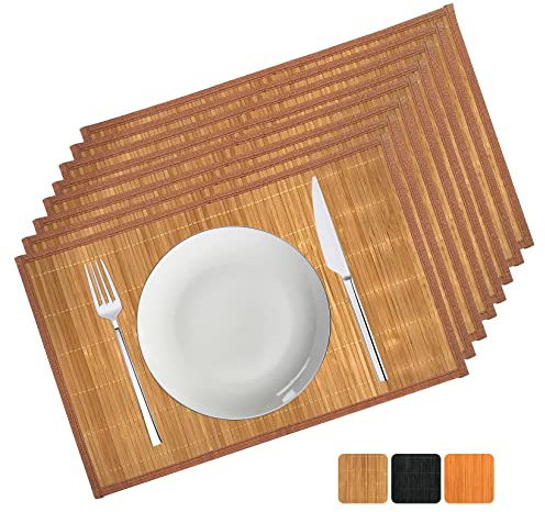 ANDSTAR Bamboo Placemats Set of 8, 17.7x11.8 Inch with Brown Fabric Border - Non-Slip & Heat Resistant, Stain-Resistant Japanese Style Table Mats for Dining Room, Kitchen Decor（Coffee）