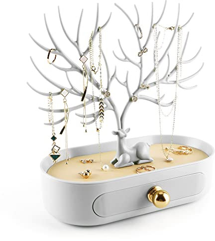 Fler och mindre horn smyckesvisningsstativ med handtag av aluminiumlegering, trädtornställ, hängande organisatör för ringörhängen, halsband, armband, hjort-horn trästativ med förvaringslåda och bricka