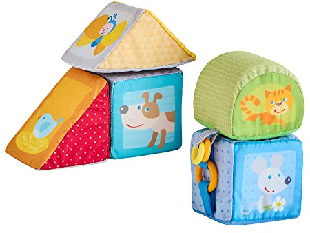 HABA Animal Soft Baby Blocks for 6-12 Months - 5 Geometric Shape Baby Sensory Toys with Rattle, Mirror, Squeaker & Crinkle Foil, Soft Building Blocks for Babies 6-12 Months