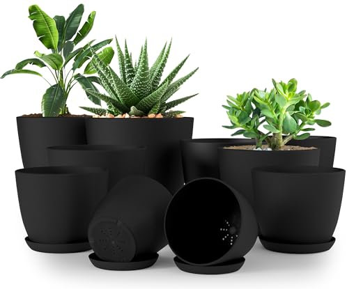 Utopia Home Plastic Planters Black, Flower Nursery Pots Indoor Modern Decorative Plastic Pots for Plants, Succulents, Flowers, and Cactus 10 Pack, Multisize