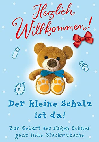 Perleberg Geburtskarte mit Teddy-Motiv - Basic Classic Collection - hochwertige Karte zur Geburt für Jungen - Liebevolles Geschenk zur Geburt mit passendem Umschlag - 11,6 x 16,6 cm