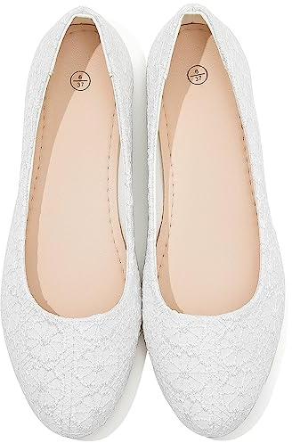 Dress Shoes for Women Round Toe Flats Shoes Lace Ballet Flats Dressy Comfortable Foldable Flats Low Heel(White.us6)