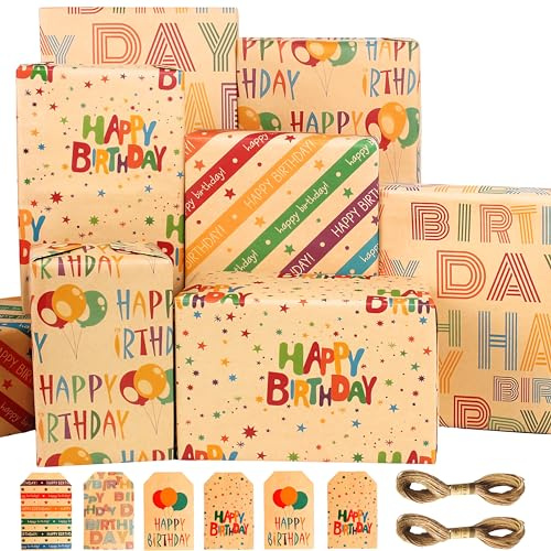 Papier Cadeau d'anniversaire Papiers Cadeaux Recycle,Papier Anniversaire d'emballage,Papier Emballage Cadeau,Kraft Papier Cadeau Feuille,Wrapping Paper Happy Birthday Enfant Garçon Fille Femme Homme