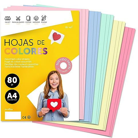 Papier A4 Couleur - Feuilles A4 80g Pour Imprimante Jet d'Encre et Laser, Ramette Papier Pour Loisirs Créatifs, Bricolage et Décoration M-office e (100 feuilles, Sélection Pastel)