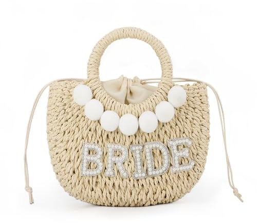 Ynport Crefreak Femmes Mariée Paille Sac À Bandoulière Tissé À La Main Bandoulière Strass Lettre Patches sac À Main Lune De Miel Mariage Bridal Shower Cadeau, Beige BRIDE