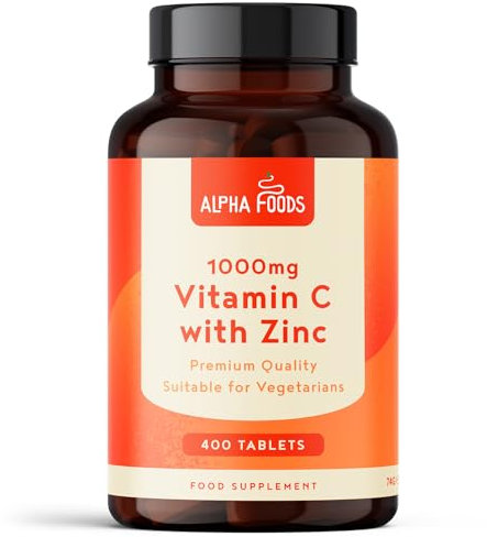 Vitamin C Hochdosiert 1000mg + Zink 15mg | 400 Tabletten für 1+ Jahr | Vegetarisch und ohne unnötige Zusatzstoffe | Unterstützung des Immunsystems | Alpha Foods