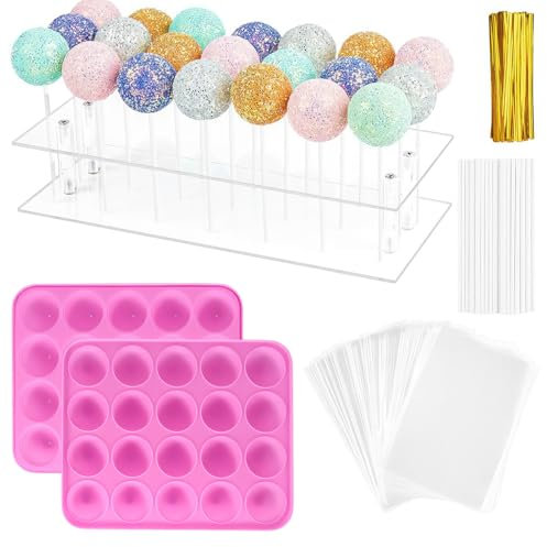 TiooDre Cake Pop Maker Kit, 302PCS Silicone Cake Mold Kits Candy Baking Molds with1 Baking Mold, 1 Acrylic Lollipop Holder, 100PCS Treat Sticks, Gold Bow Ties and Bags for Candy/Lollipop/Chocolate