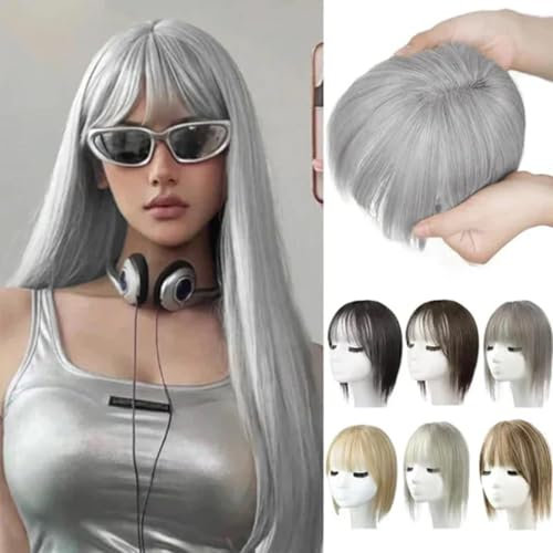 Natürliche Haarteile mit Pony für Frauen, Haar Topper Damen Echthaar Oberkopf, Hair Topper Synthetische Haarteile für Dünnes Haar Aschblond Mischen Bleichblond(07# Gray)