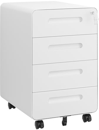 LVSTEEL Rollcontainer mit 4 Schubladen, Aktenschrank, Abgerundetes Eckendesign, Abschließbar, 4 Schlüsseln, Schubladenschrank für Büro und Home Office, Weiß