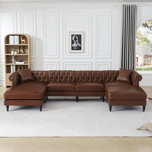 ORRD U Shaped Chesterfield Sofa, Oversized Sectional Faux Leather Couch, Chaise Ottoman Sofa Upholstered Accent Tufted Couch with Rolled Armrest and Nailhead for Living Room, Office - Brown