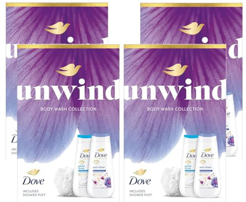 Dove Unwind Duo Bodywash Gift Set with Exfoliating & Anti Stress 225ml- 4 Pack, Nourishing Skin Cleanser for Women - Daily Shower Essentials with Calming and Smoothing Formula-Ideal Pamper Gift