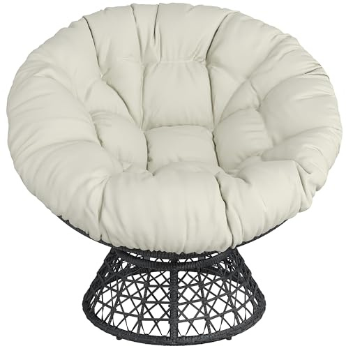 Yaheetech Poltrona Salotto Relax Poltrona da Lettura Girevole a 360° con Papasan Cuscino Sedia Relax Rotonda per Camera da Letto Soggiorno Beige