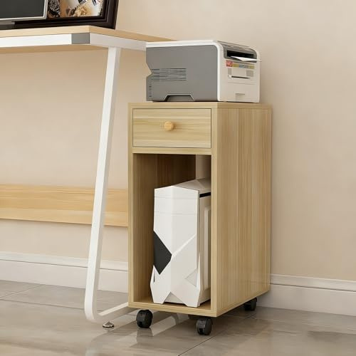 Skrivarstativ i Trä med Låsbara Hjul, Mobil Skrivarvagn med Förvaringshyllor, E1-Kort för Skrivare Under Skrivbordet, Vita Möbler för Hemmakontor(Yellow,Single drawer)