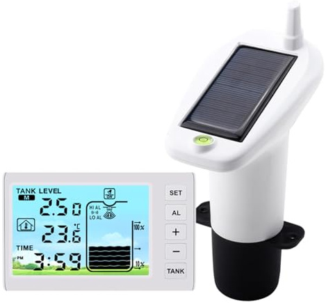 Aumotop Misuratore di Livello Dell'acqua Ad Ultrasuoni Allarme Alto/basso Sensore Ad Energia Solare Gestione Efficiente Dell'acqua con Display della Temperatura per Serbatoi Interni Trasmettitore