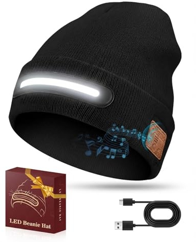 Gorro con Luz LED y Bluetooth 5.3, Gorro Lana con Linterna Frontal Recargable USB, 8 Modos de Iluminación, Regalo Original para Hombre, Ideal para Running, Camping y Ciclismo, Blanco Luz