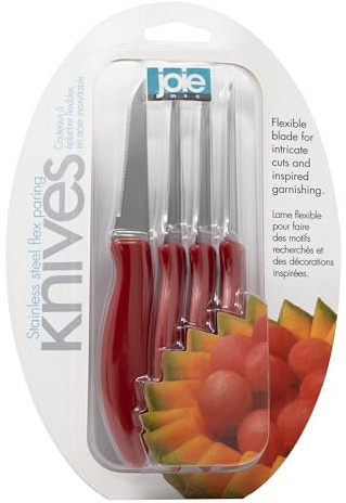 Joie Paring and Garnishing Knives, Set of 4, Stainless Steel, 2.75-Inch Tapered Blade for Maximum Precision, Ergonomic Handle, Colors May Vary