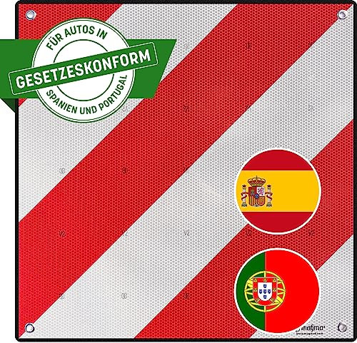 MAGMA Warntafel für hinten, Spanien. Für Fahrradträger, Heckträger, Anhänger, Warnschild für Wohnwagen, Wohnmobil, Auto. Urlaub, Camping, Abschleppen Rot-weiße Streifen, reflektierend