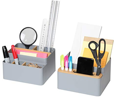 Seville Classics Bacs de rangement en bambou de qualité supérieure pour argenterie, garde-manger, placard, bureau, stylos, ustensiles, maquillage, tasse K, bambou/gris, panier de bureau